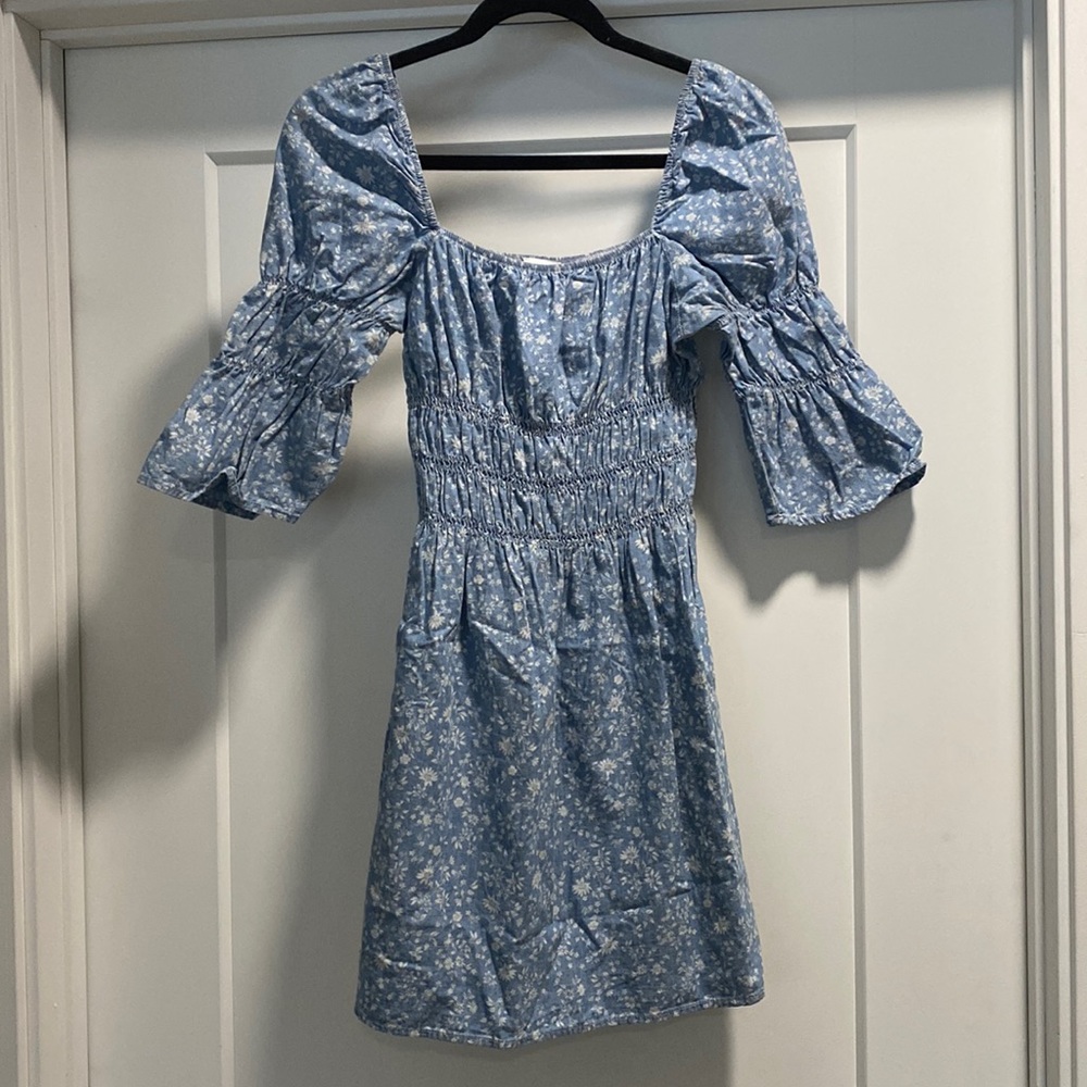 Topshop Light Blue Floral Long Sleeve Smocked Mini Dress